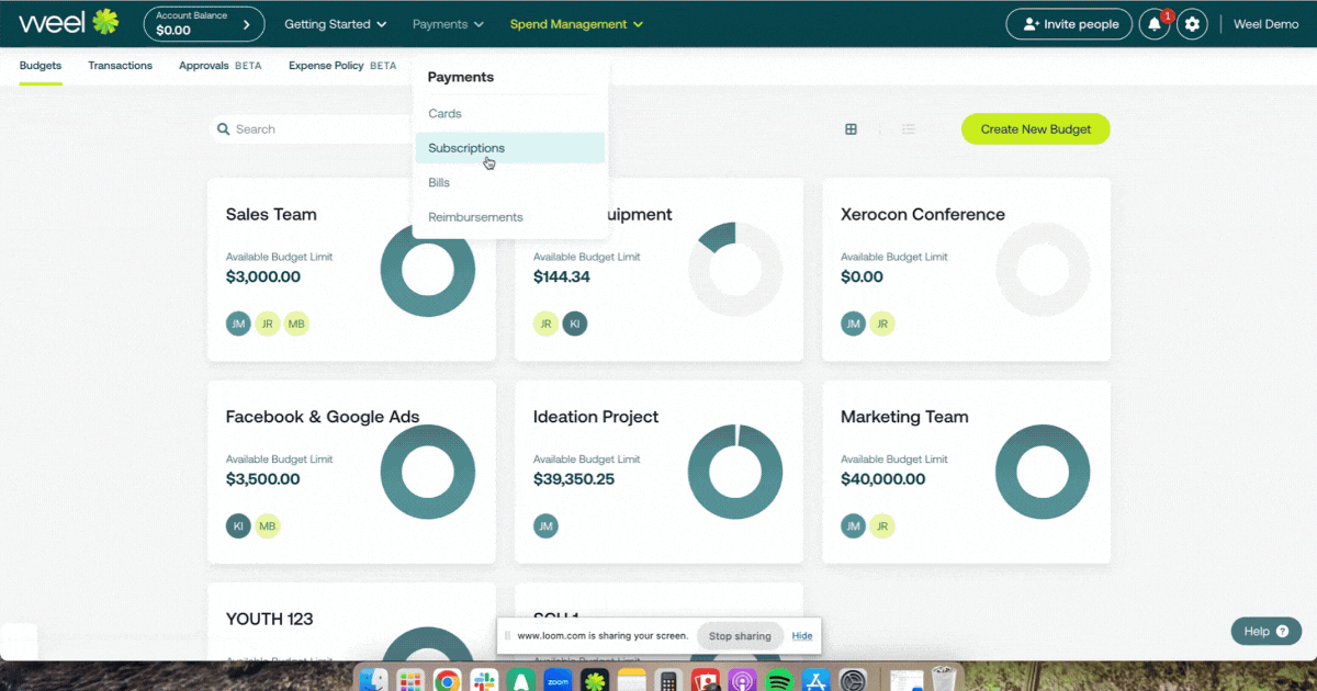 GIF demonstrating how to set up a card and a new subscription within the Weel Subscription dashboard, a powerful SaaS Spend Management System.