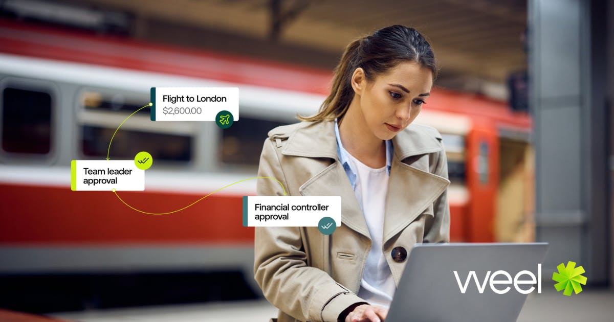 Businesswoman working on her laptop at a train station, with an overlay of Weel's expense solution procedures, showcasing the benefits of an Employee expense policy template for remote expense management.