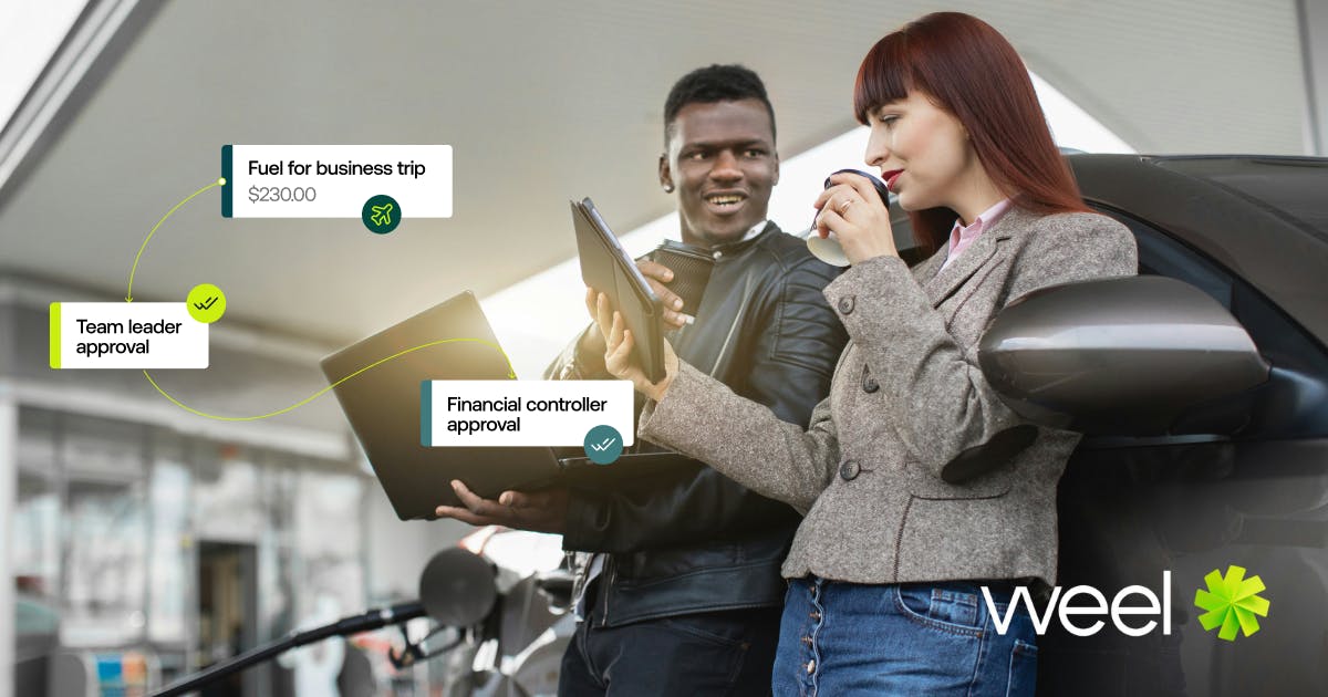 Two people leaning against a car being filled, with illustrations of Weel's expense management solutions – perfect for fleet card companies and business fuel cards in Australia.