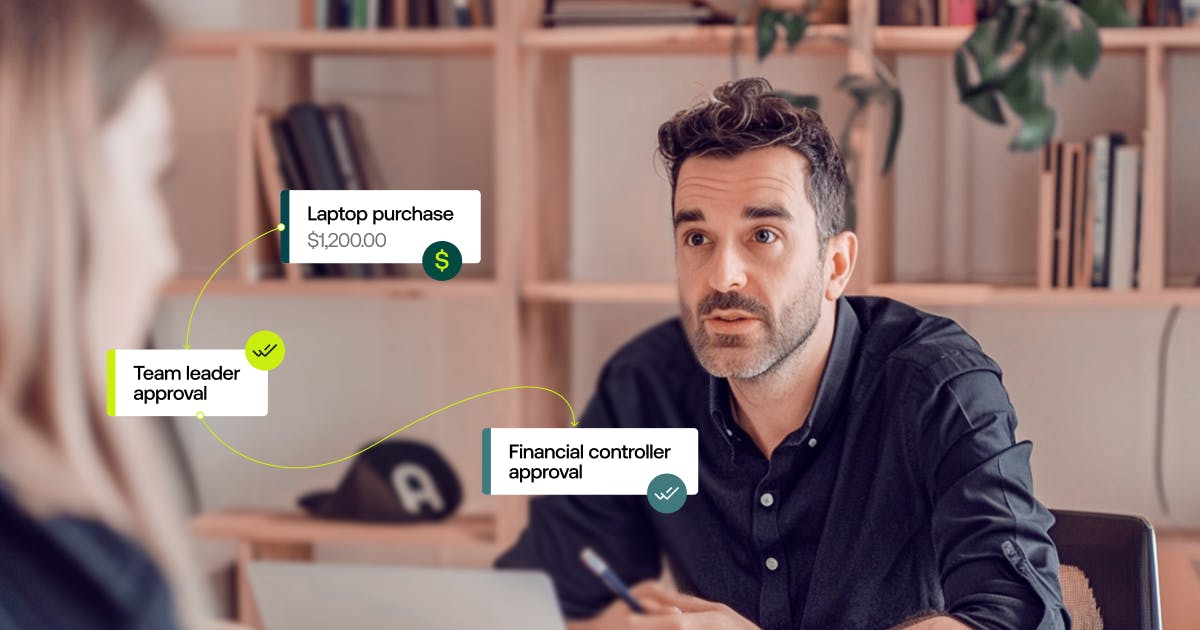 Two people talking about spend management, with visual highlights of Weel's tail spend management software features.