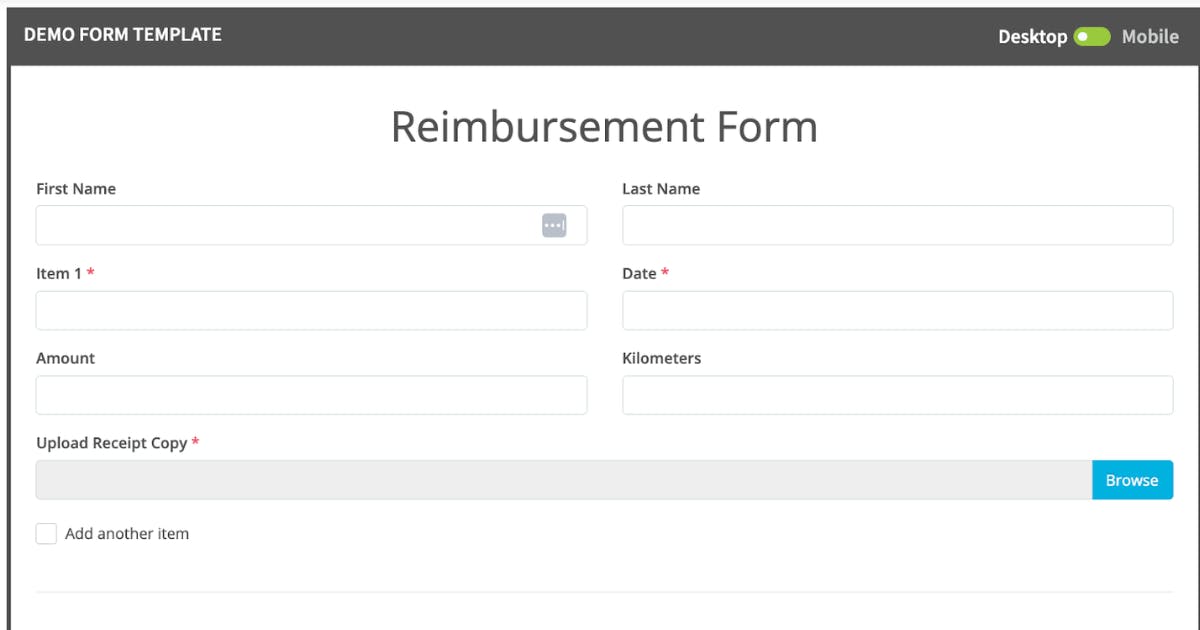 SnapForms interface showcasing a streamlined travel expense reimbursement form template with dropdowns and custom input fields.
