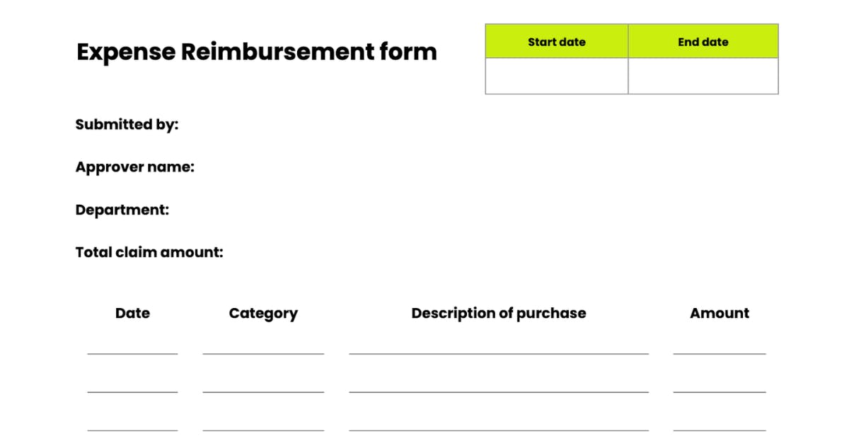 A detailed preview of Weel’s employee expense reimbursement form template, showcasing key fields like date, category, and total amount.
