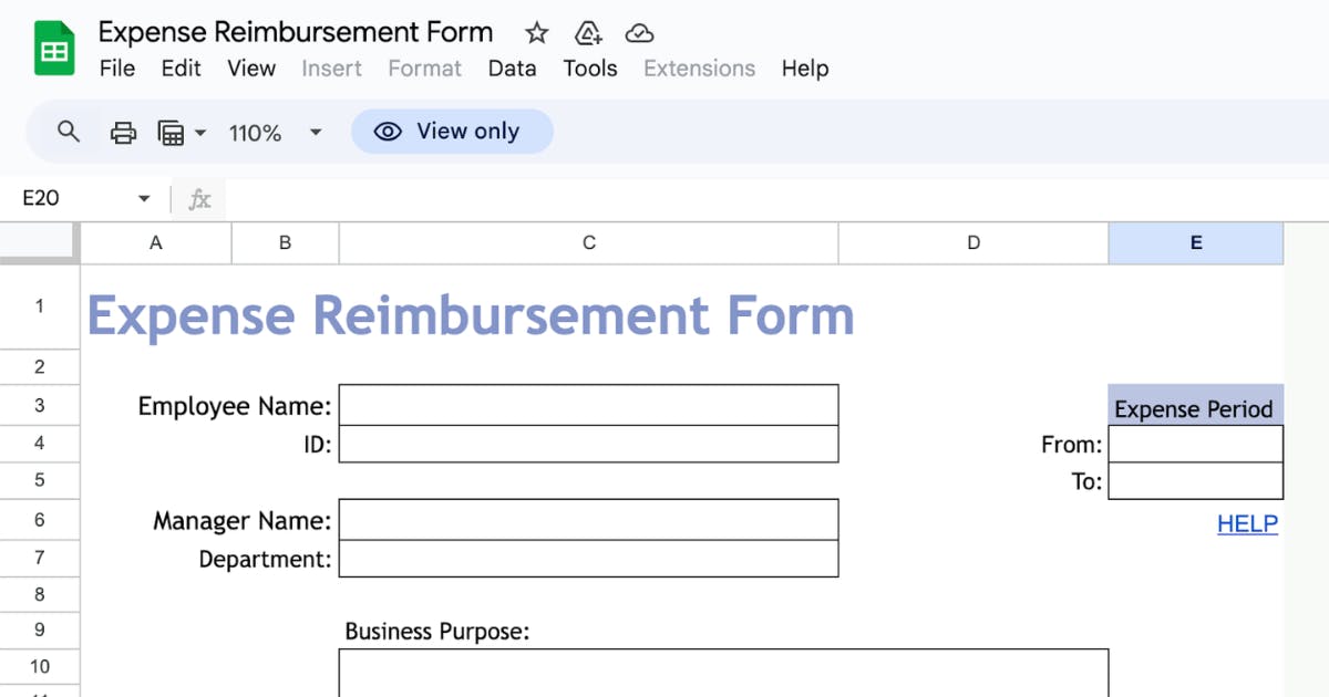 A spreadsheet-style free Excel expense report template opened in Google Sheets, ready for employee input and reimbursement tracking.