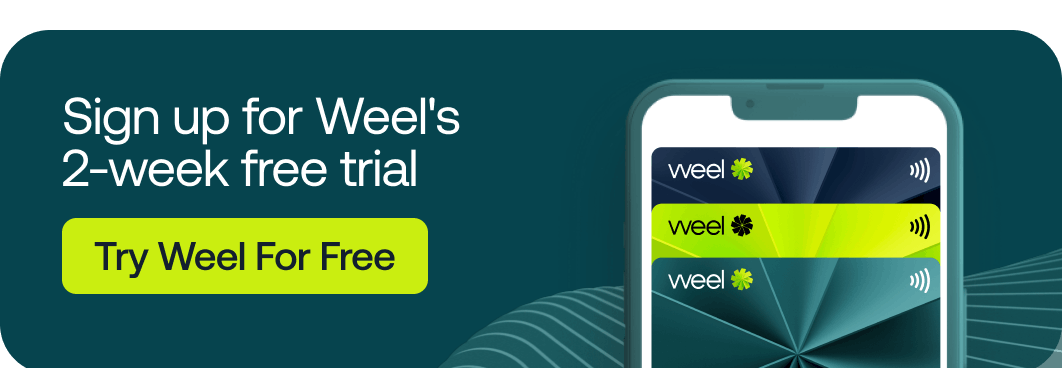 Weel cards displayed on a banner offering a 2-week free trial for managing expenses with a business expense report template in Excel.